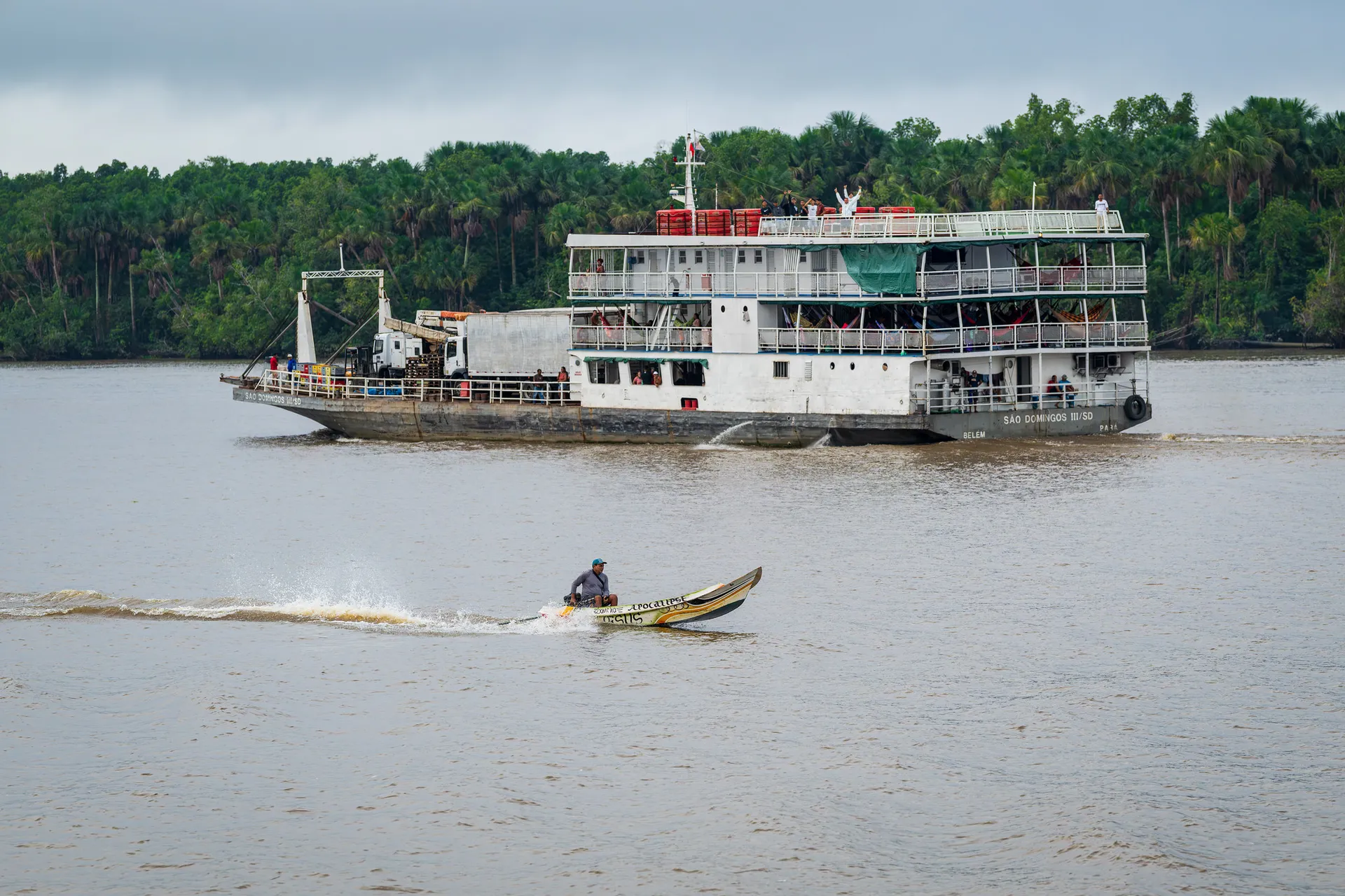 A large boat on a river