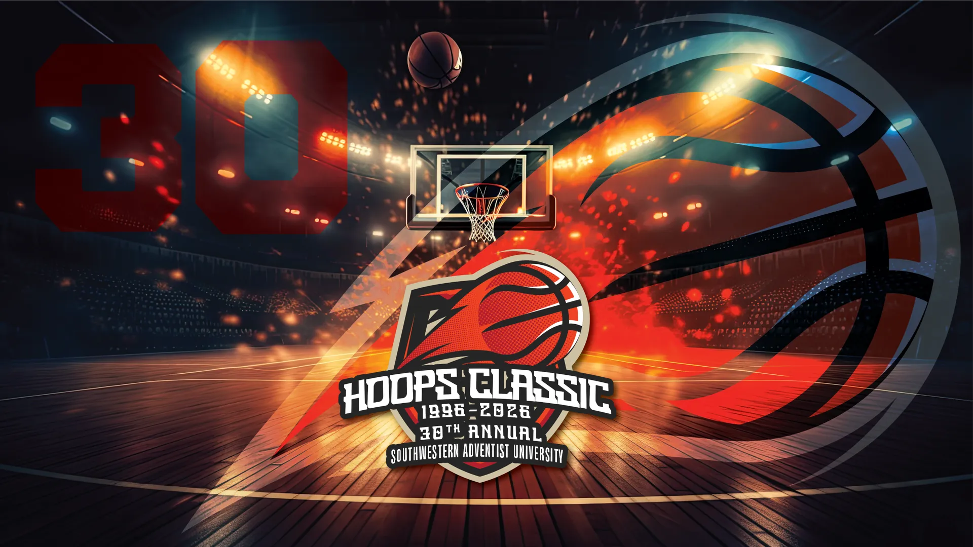 logo for hoops classic in front of a basketball court