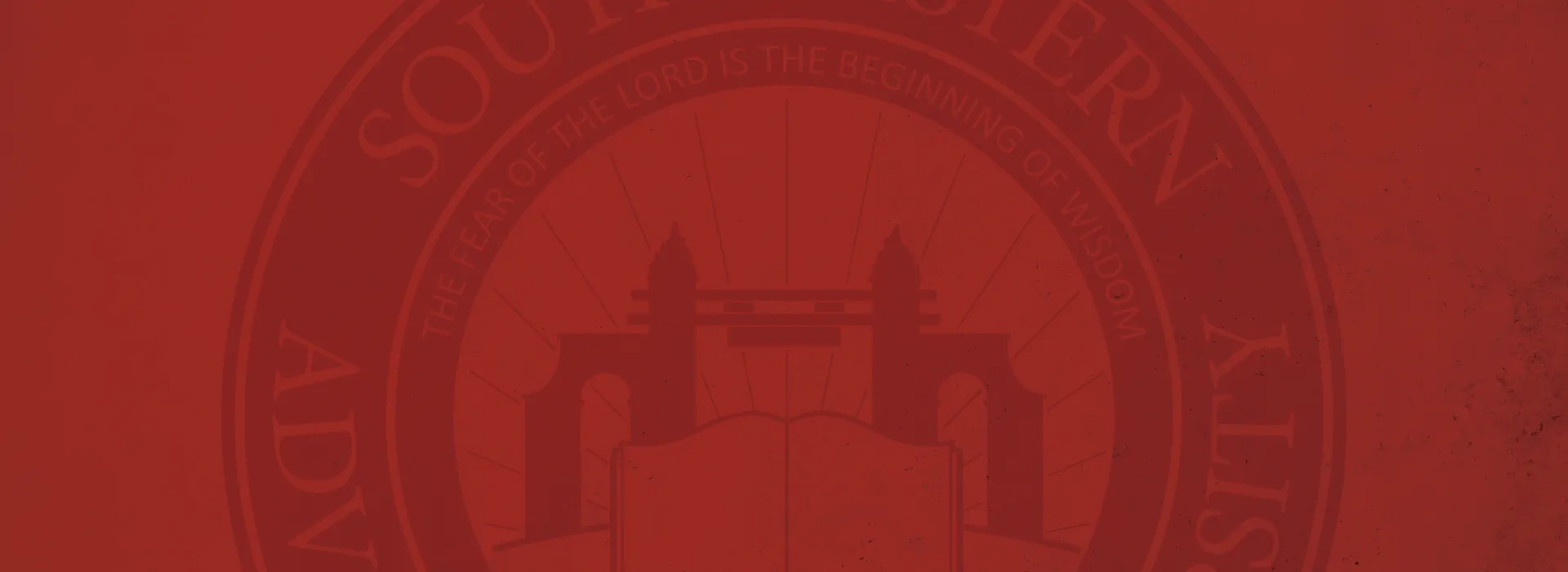 A maroon background with the University's seal that shows the name, mizpah gate and the phrase " The fear of the Lord is the beginning of Wisdom"