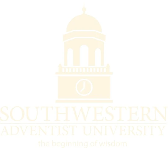 White SWAU logo showcasing the clock tower above the words saying "Southwestern Adventist University" and " the beginning of wisdom"